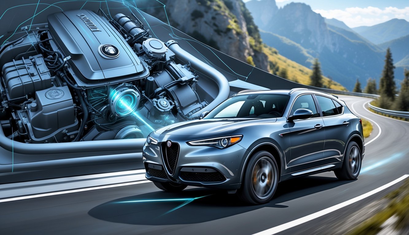 Automobil Alfa Romeo Stelvio na planinskoj cesti s prikazom motora i mjenjača.