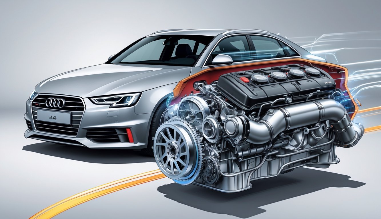Prikaz unutarnjih dijelova motora i mjenjača Audi A4 automobila s naglaskom na performanse.