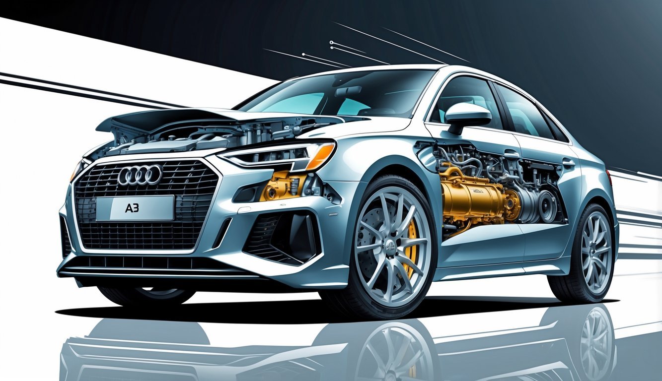 Prikaz motora, performansi i mjenjača Audi A3 iznutra, s prikazom unutarnjih dijelova automobila.