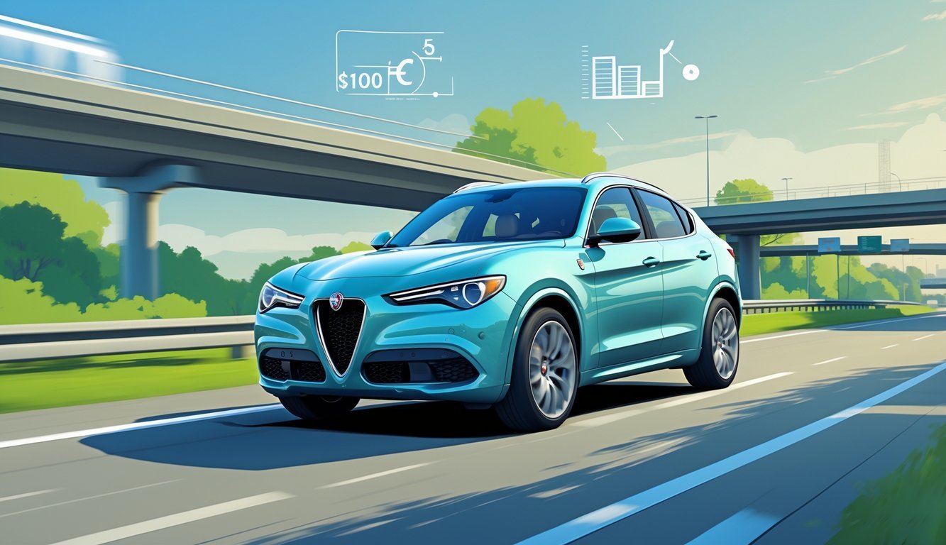Alfa Romeo Stelvio vozi cestom s prikazom pokazivača goriva i simbola troškova u pozadini.