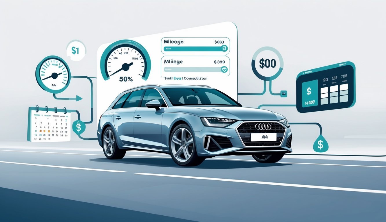 Audi A4 na cesti okružen ikonama koje predstavljaju potrošnju goriva i troškove vožnje.