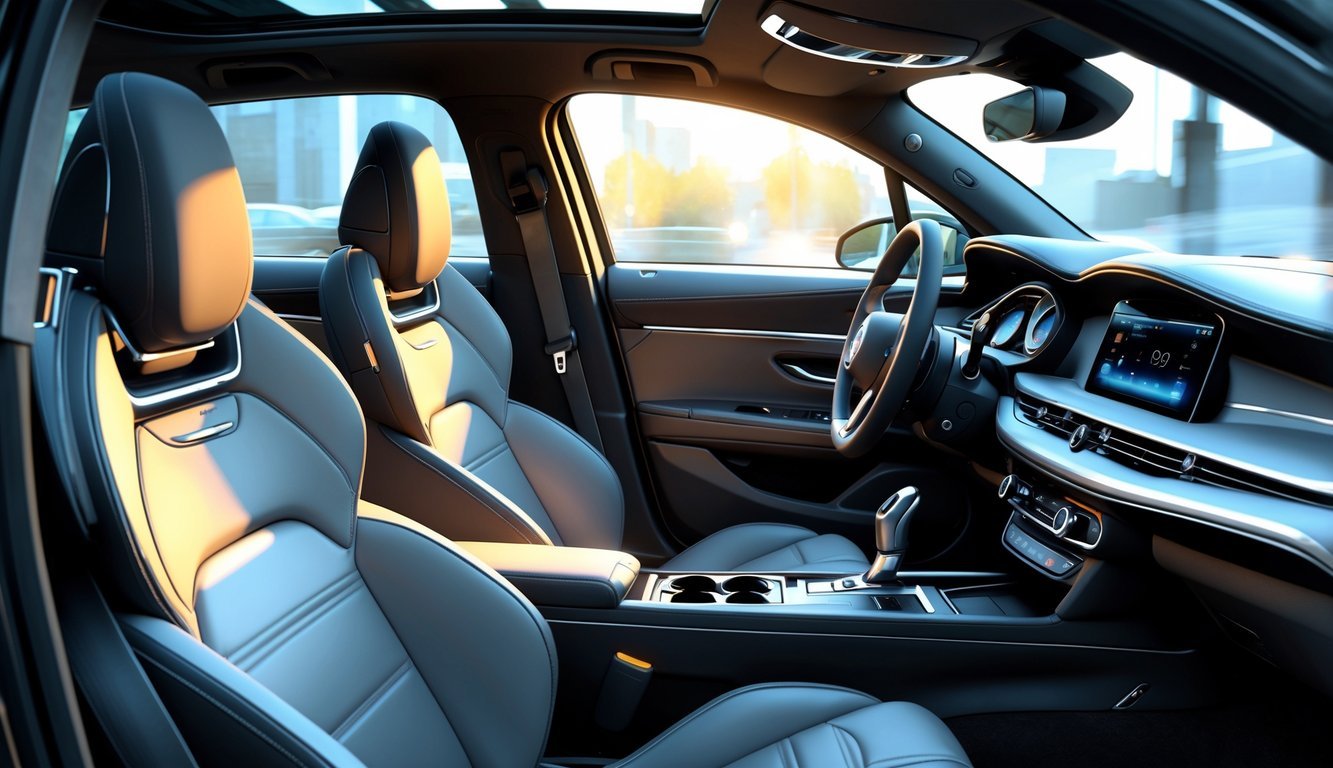 Prikaz unutrašnjosti automobila Alfa Romeo Stelvio s naglaskom na udobna sjedala, prostrani prostor i praktične detalje.