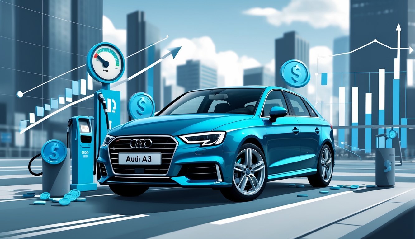 Audi A3 parkiran na cesti s prikazom simbola goriva, novca i grafikona koji predstavljaju potrošnju goriva i troškove vožnje.