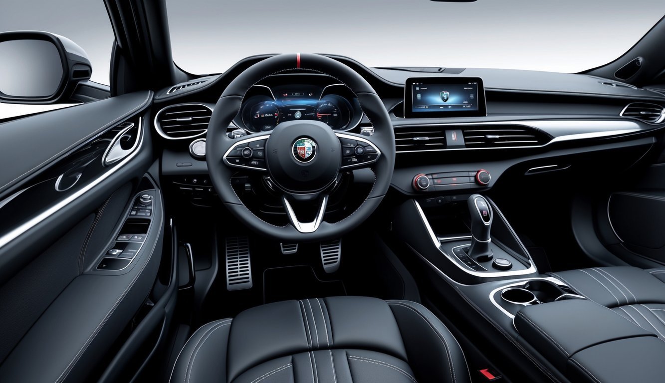 Unutrašnjost automobila Alfa Romeo Stelvio s prikazom kvalitetnih materijala, sjedala, upravljača i zaslona infotainment sustava.