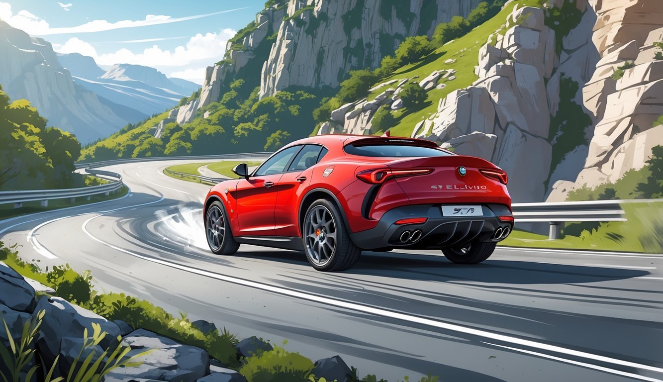 Crveni Alfa Romeo Stelvio vozi zavojitu planinsku cestu s prikazom vozačke dinamike i ovjesa.