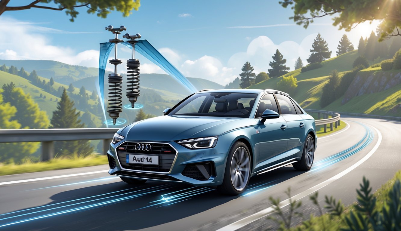 Audi A4 automobil u vožnji na vijugavoj cesti kroz prirodu s prikazom ovjesa i osjećaja stabilnosti.