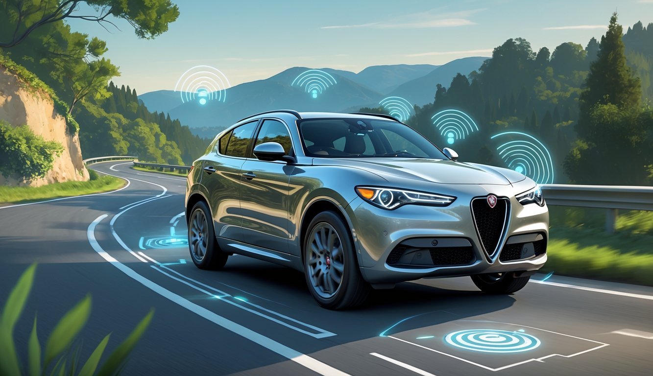 Alfa Romeo Stelvio na cesti okruženoj prirodom, s prikazom senzora i sustava pomoći vozaču.