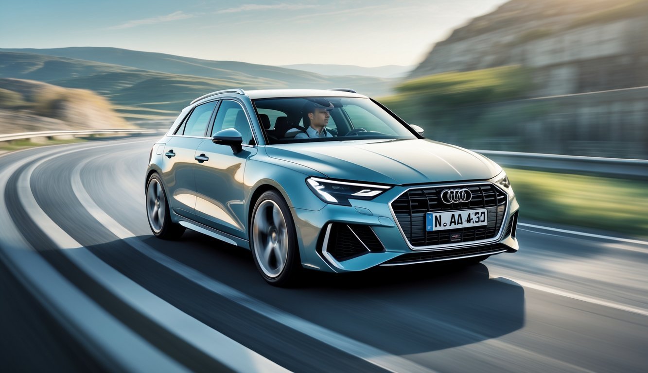 Audi A3 u pokretu na vijugavoj cesti s prikazom ovjesa i vozačem koji uživa u vožnji.