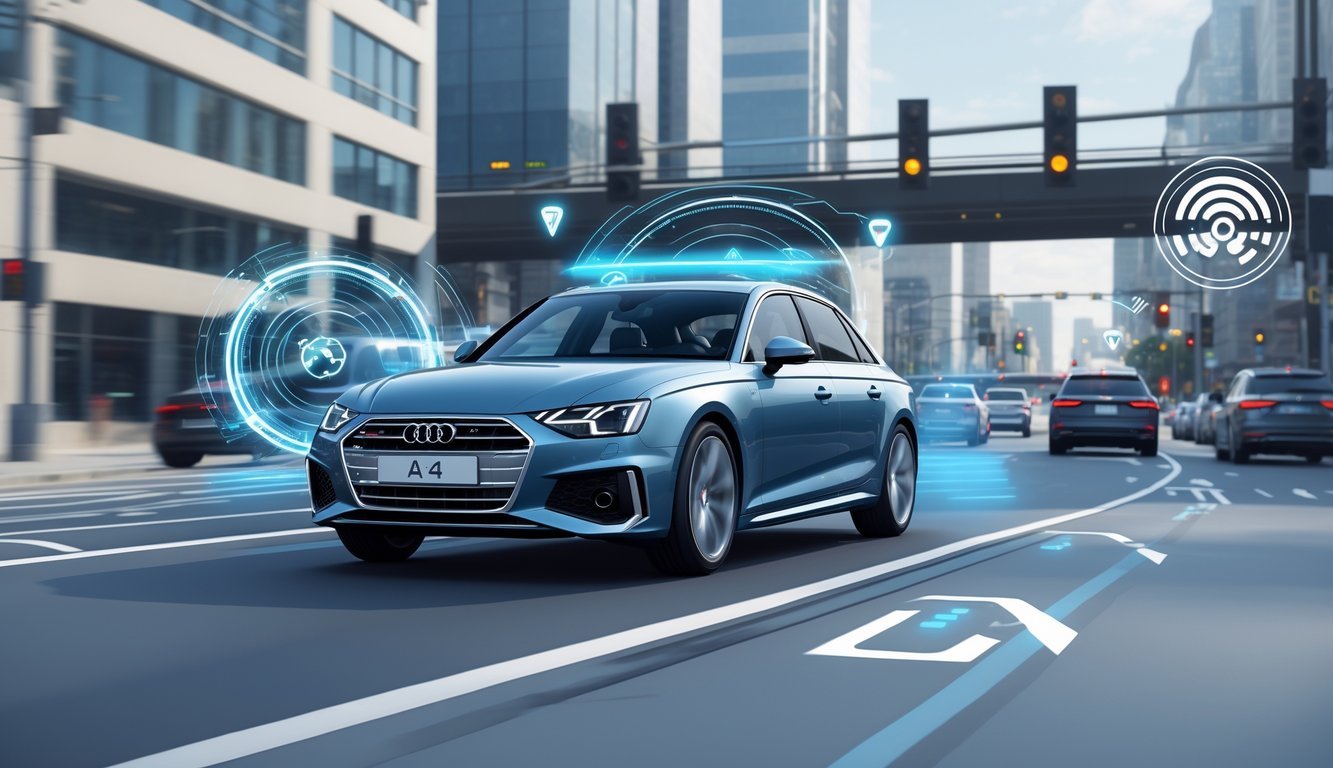 Audi A4 na gradskom putu s prikazom sigurnosnih i pomoćnih sustava vozaču, uključujući senzore i digitalni zaslon na upravljačkoj ploči.