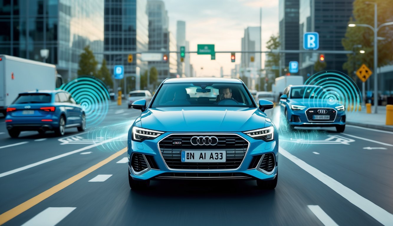 Audi A3 na cesti s prikazom sigurnosnih i pomoćnih sustava za vozača u akciji.