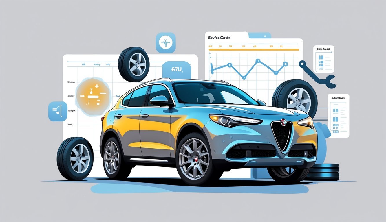 Alfa Romeo Stelvio automobil okružen simbolima mehaničkih problema i alata za servis.
