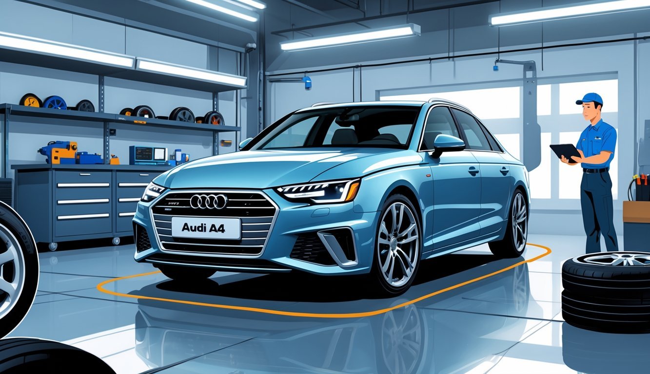 Audi A4 u automehaničarskoj radionici s mehaničarem koji pregledava automobil i prikazom dijelova automobila koji simboliziraju uobičajene kvarove.