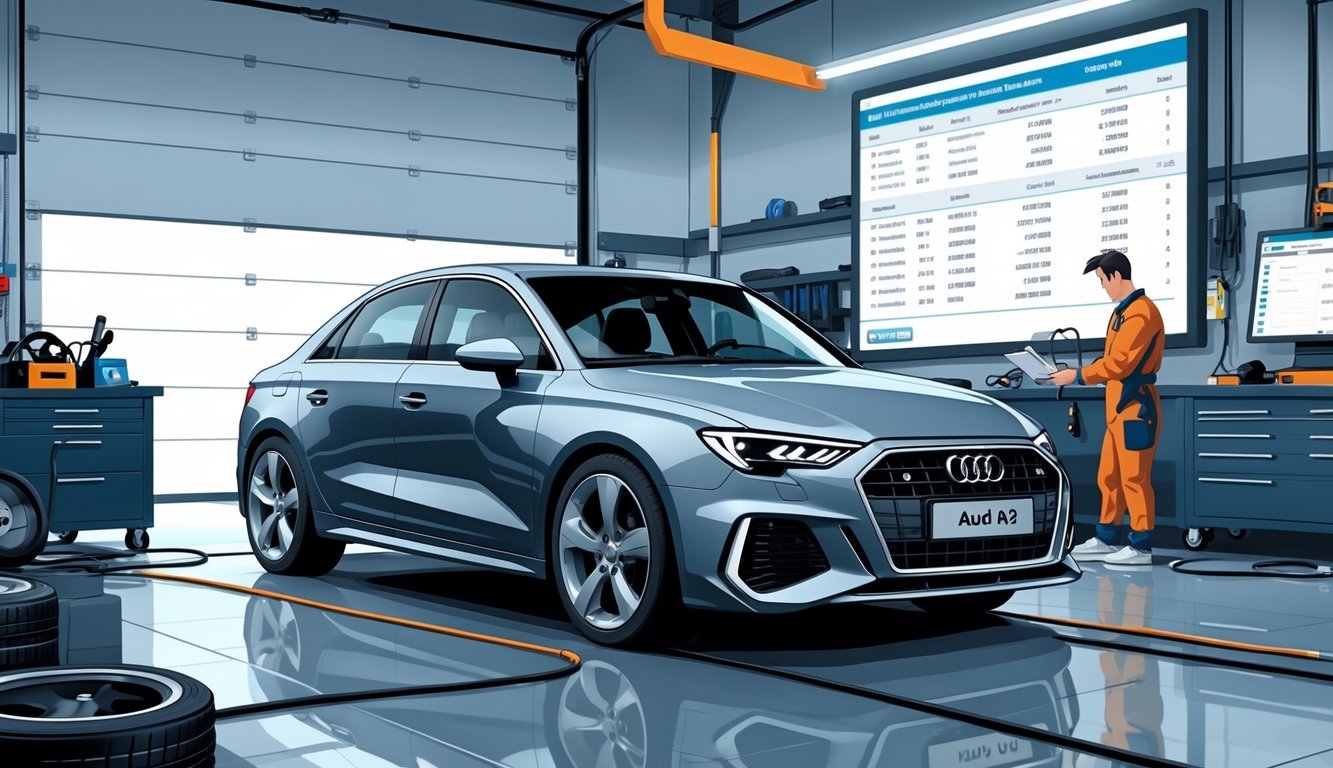 Audi A3 u radionici gdje mehaničari pregledavaju automobil i prikazuju tipične kvarove i troškove servisa.