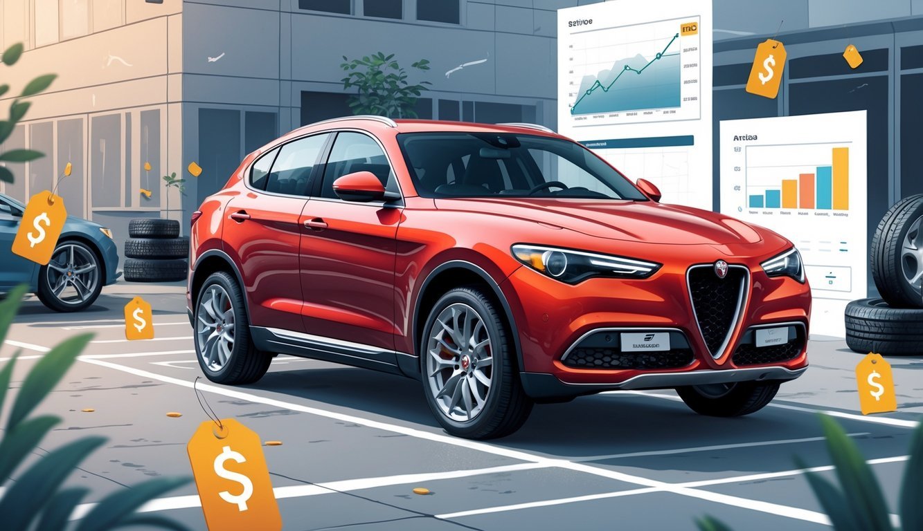 Crveni Alfa Romeo Stelvio parkiran u urbanom okruženju s prikazom opreme i elemenata tržišta rabljenih automobila.