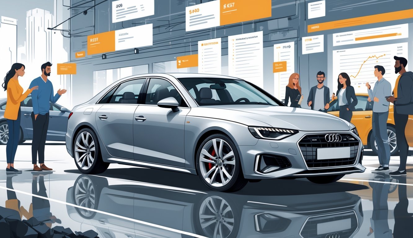 Audi A4 automobil izložen u gradskom okruženju s ljudima oko njega i simbolima cijena i tržišta.
