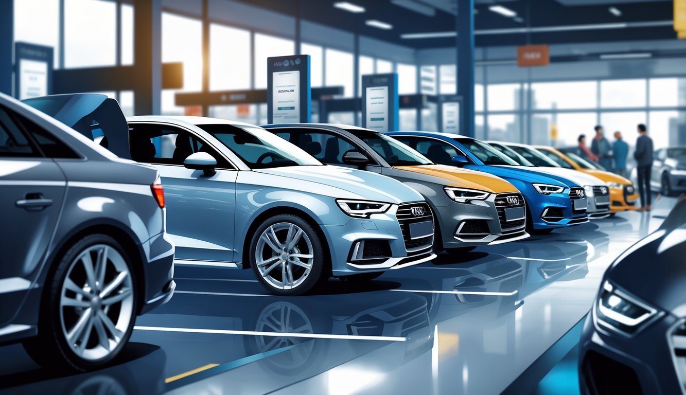 Prikaz nekoliko rabljenih Audi A3 automobila u prodajnom prostoru s naglaskom na opremu i cijene, te ljudi koji pregledavaju vozila.