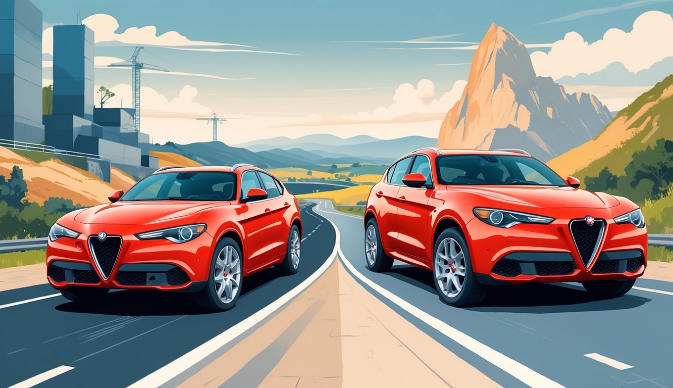 Vozač u Alfa Romeo Stelvio automobilu vozi cestom, dok mehaničar pregledava vozilo u pozadini.