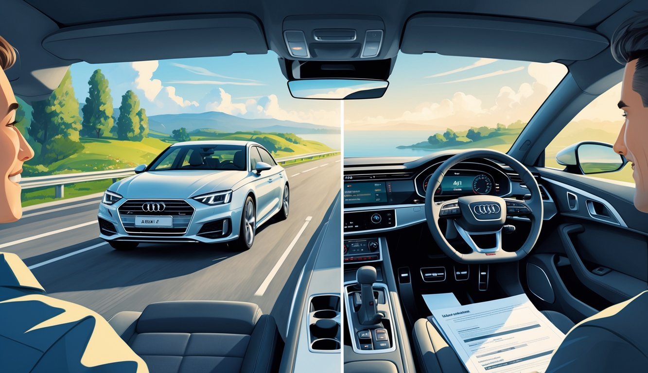Audi A4 na cesti s vozačem i putnicima te mehaničar koji pregledava automobil, prikazujući prednosti i mane iz iskustava vlasnika.