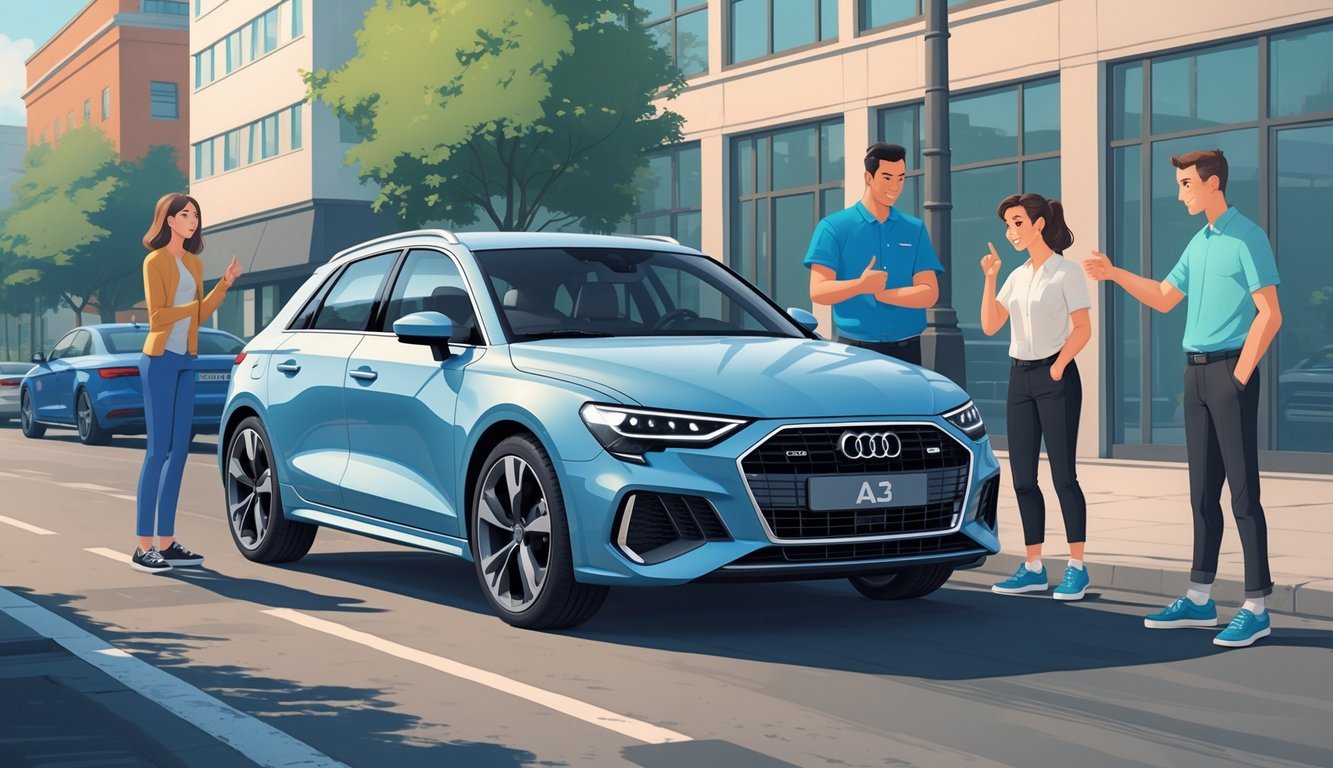 Audi A3 parkiran na gradskoj ulici s nekoliko ljudi oko njega koji pokazuju pozitivne i negativne aspekte vlasništva.