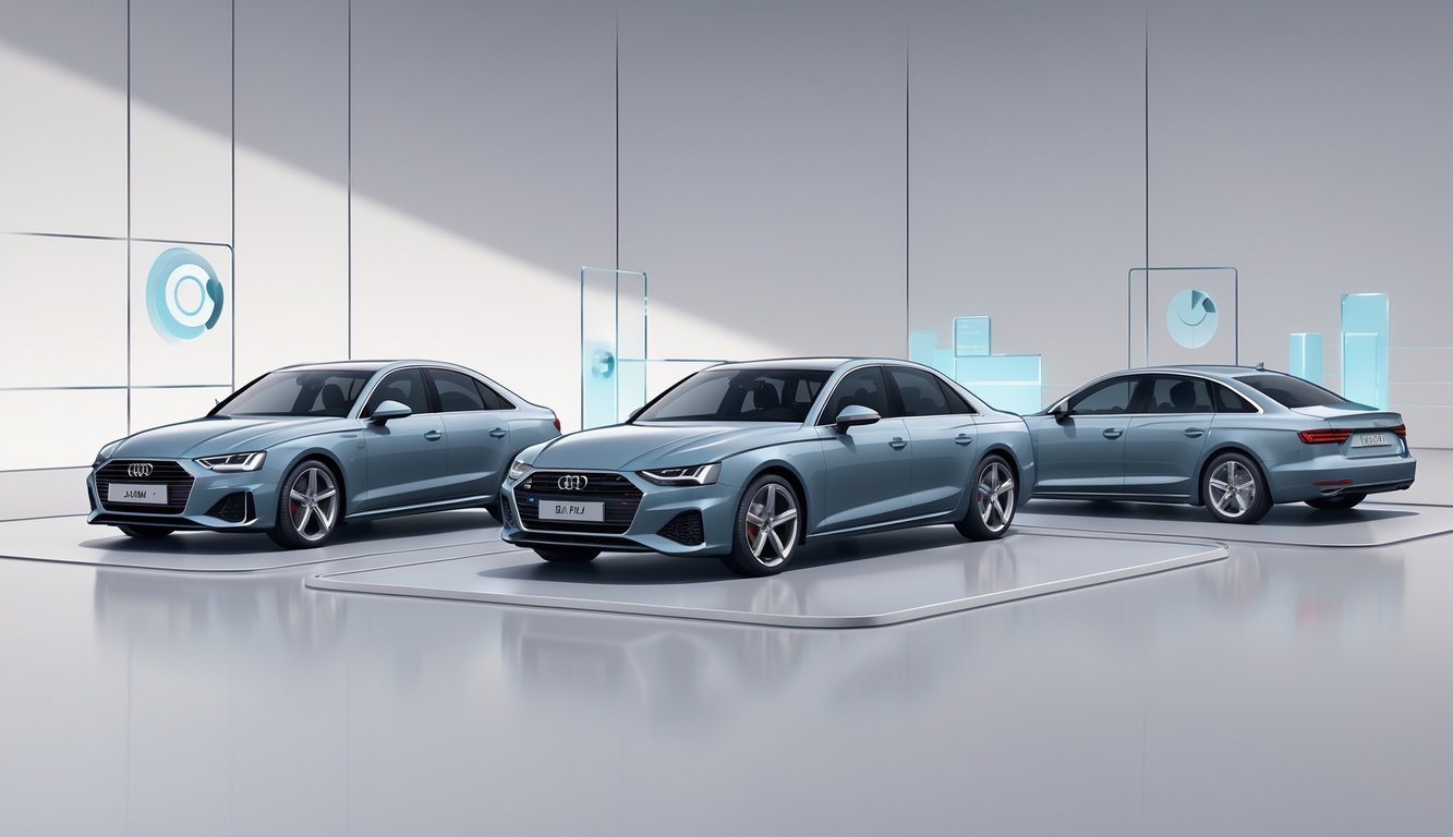 Usporedba nekoliko modernih automobila, uključujući Audi A4, prikazanih jedan do drugog na neutralnoj pozadini.