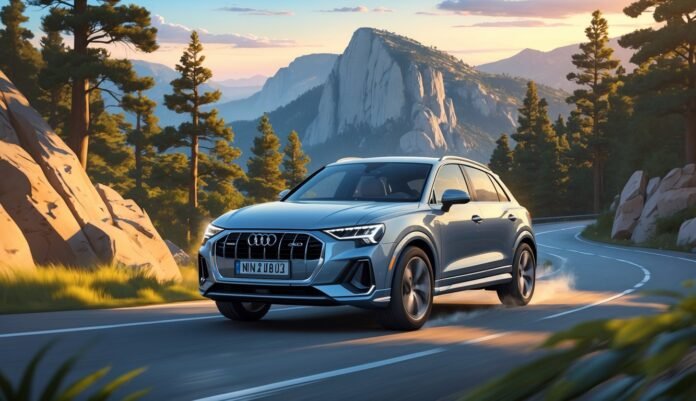 Audi Q3 vozi cestom u planinskom krajoliku s drvećem i stijenama u pozadini.