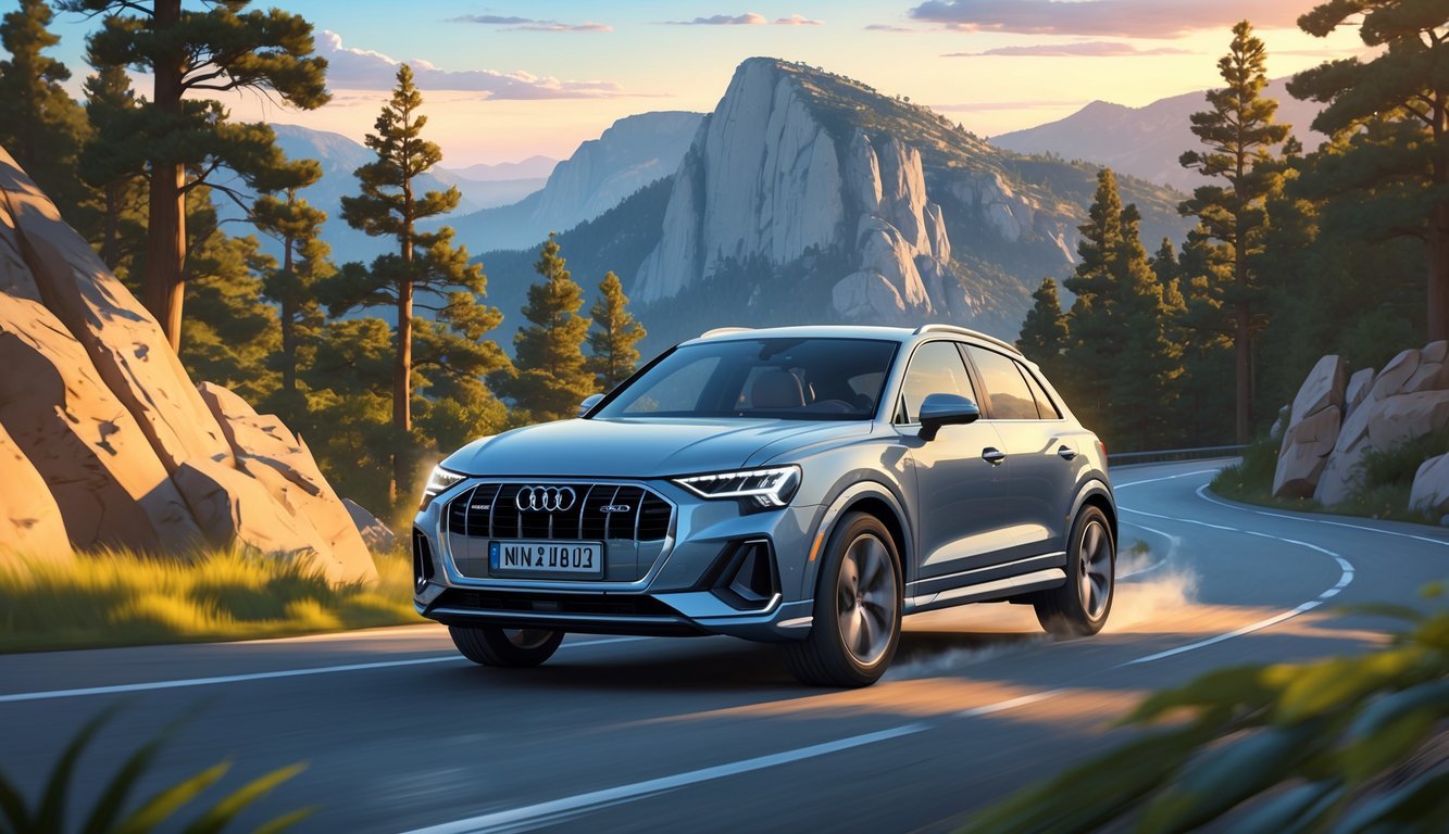 Audi Q3 vozi cestom u planinskom krajoliku s drvećem i stijenama u pozadini.