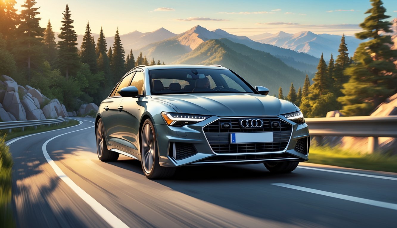 Audi A6 3.0 TDI Quattro na planinskom putu okružen zelenim borovima i planinama u pozadini.