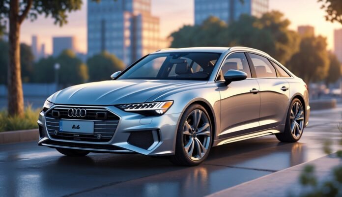 Audi A6 parkiran na gradskoj ulici s visokim zgradama i drvećem u pozadini.