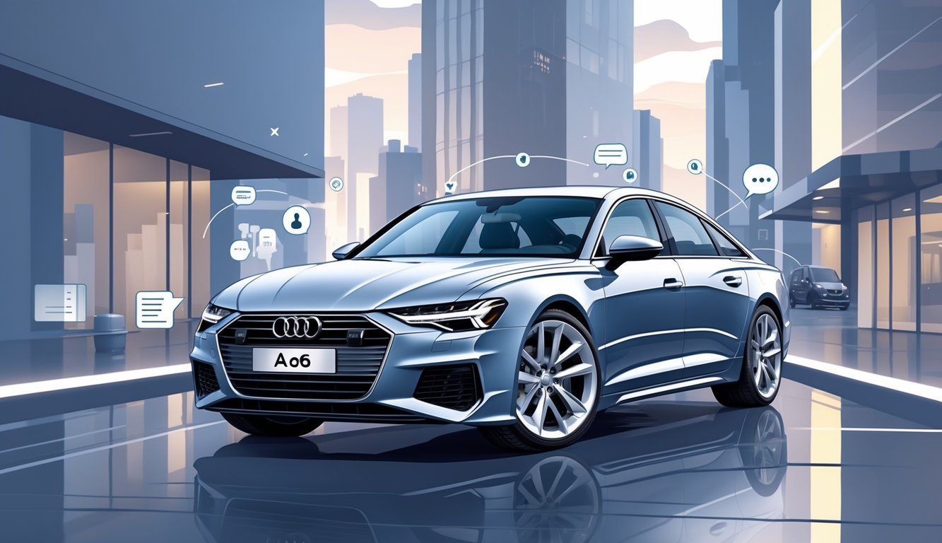 Audi A6 automobil parkiran u urbanom okruženju s modernim zgradama u pozadini.