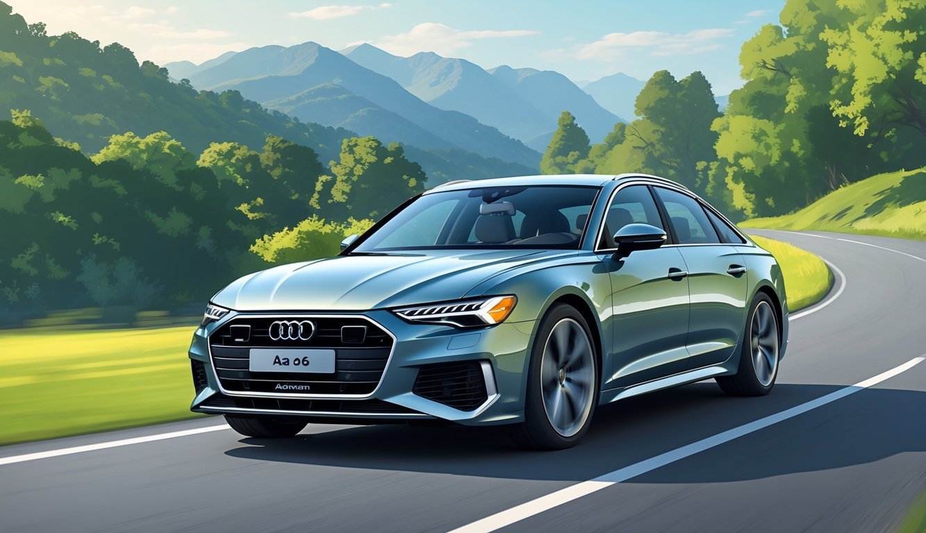 Audi A6 3.0 TDI Quattro na cesti okruženoj zelenilom i planinama u pozadini.