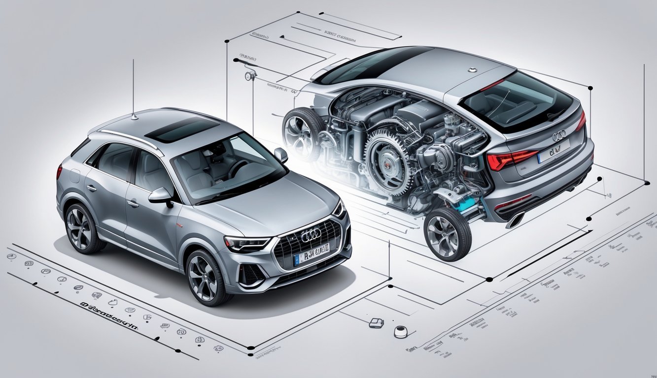 Audi Q3 s prikazom motora i mjenjača u presjeku, istaknuti tehnički detalji automobila.