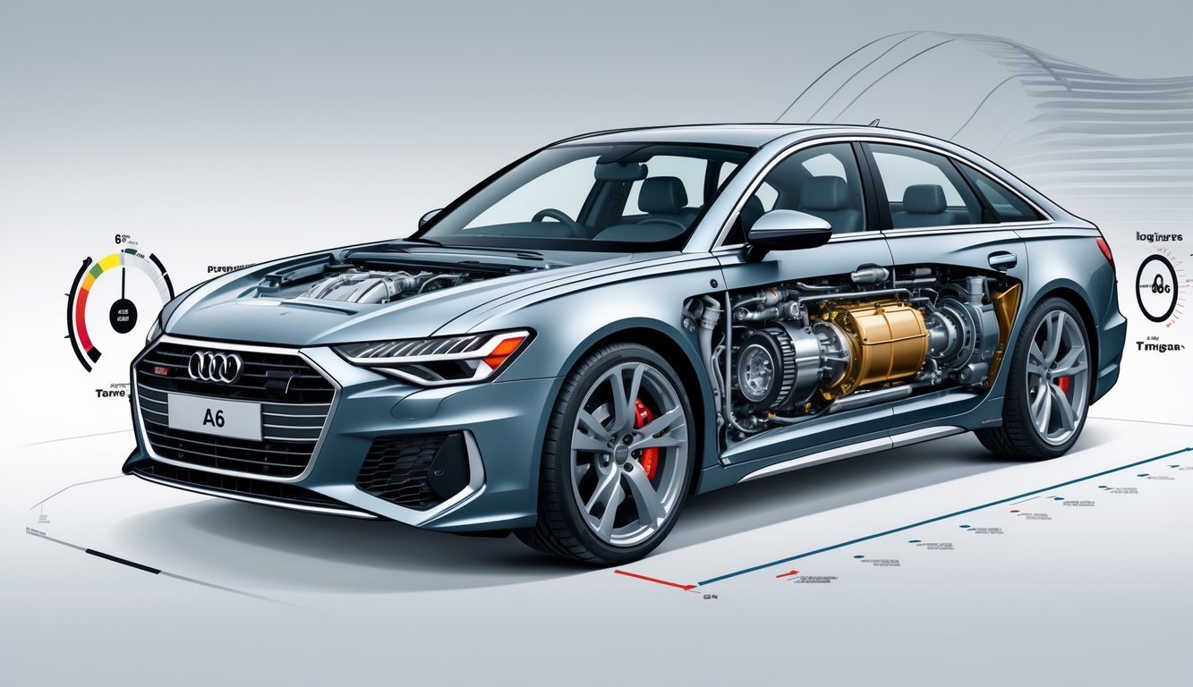 Prikaz motora, performansi i mjenjača automobila Audi A6 s otvorenim prikazom unutarnjih dijelova.