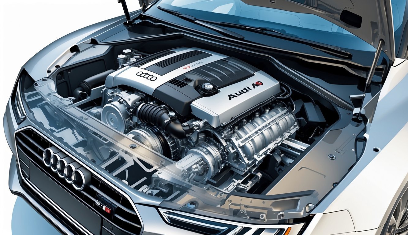 Prikaz unutrašnjosti motora i mjenjača Audi A6 3.0 TDI Quattro s vidljivim dijelovima motora i sustava pogona na sve kotače.
