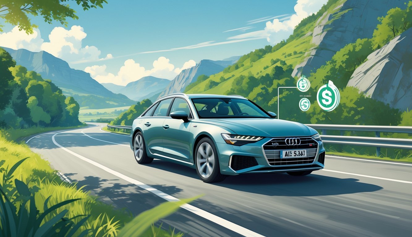 Audi A6 3.0 TDI Quattro vozi cestom okruženom zelenilom i planinama, s grafičkim prikazima potrošnje goriva i troškova vožnje.