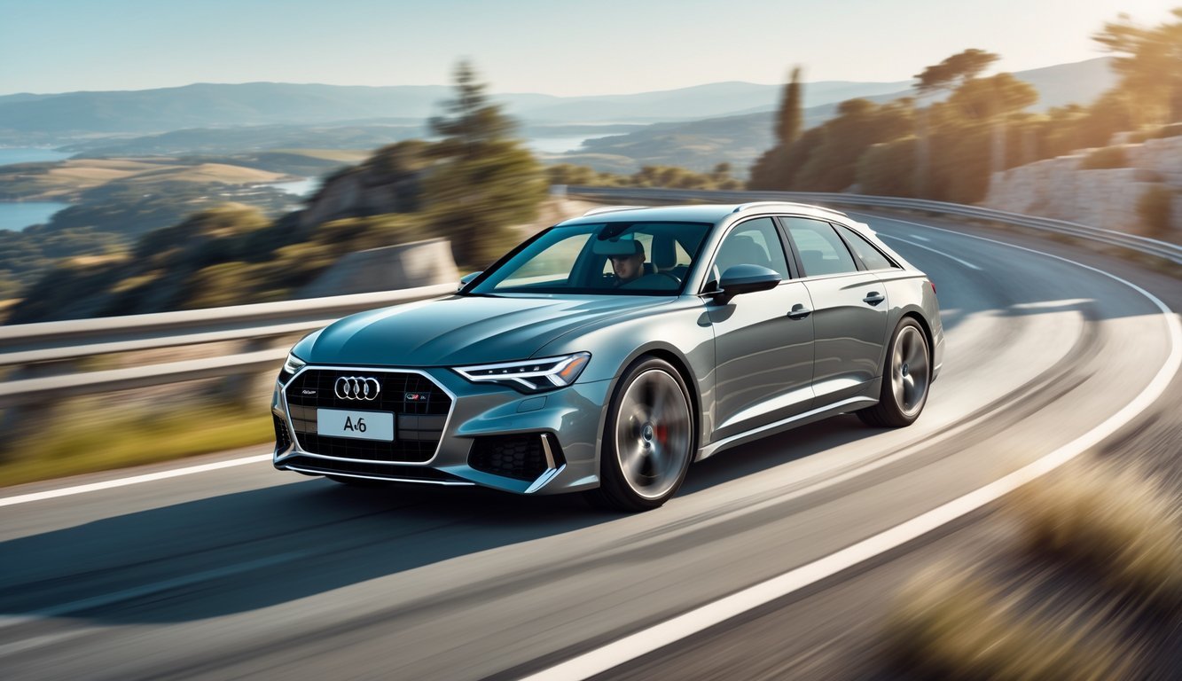 Audi A6 automobil u vožnji na vijugavoj cesti s prikazom ovjesa i vozačem koji uživa u vožnji.