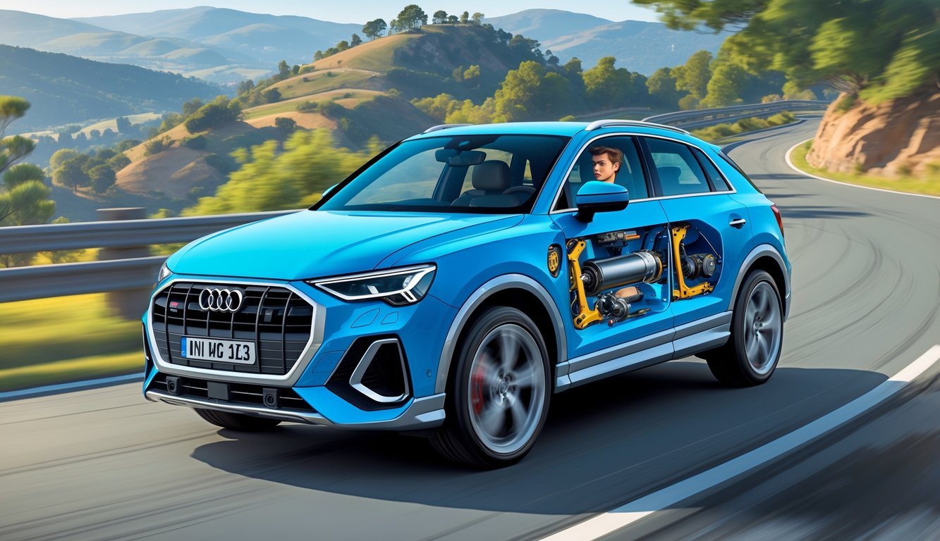 Audi Q3 u vožnji na vijugavoj cesti s prikazom ovjesa i detaljima koji prikazuju osjećaj u vožnji.