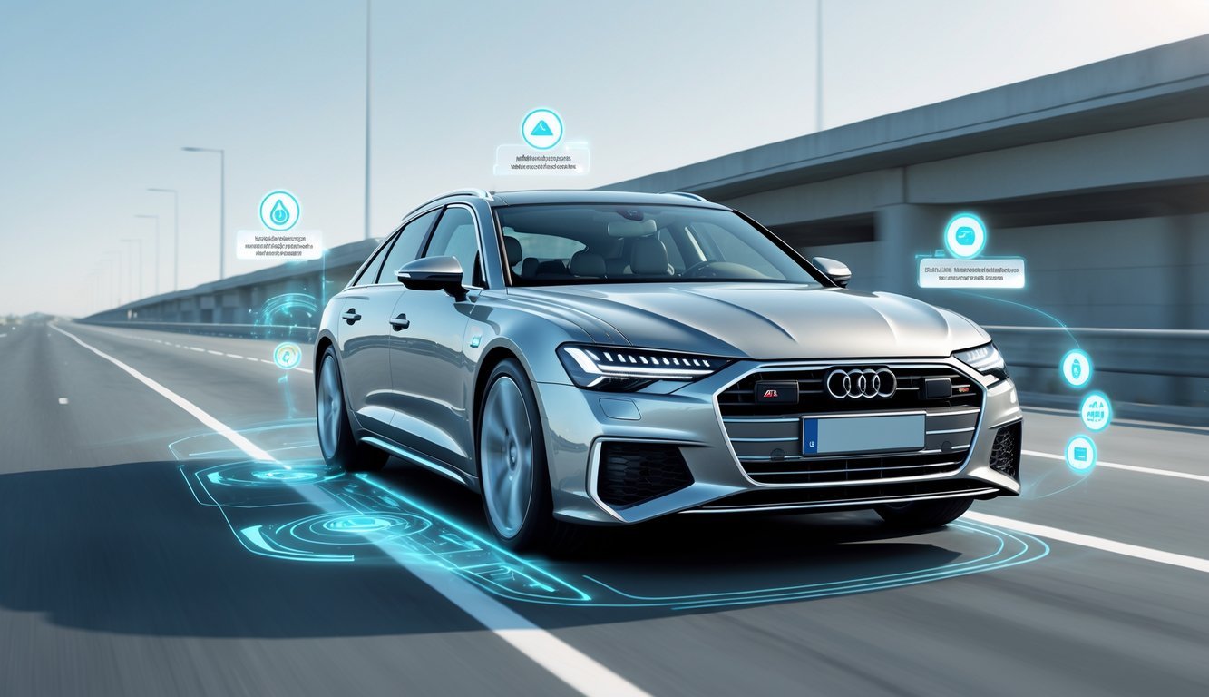 Audi A6 3.0 TDI Quattro na cesti s prikazom sigurnosnih i pomoćnih sustava vozaču.