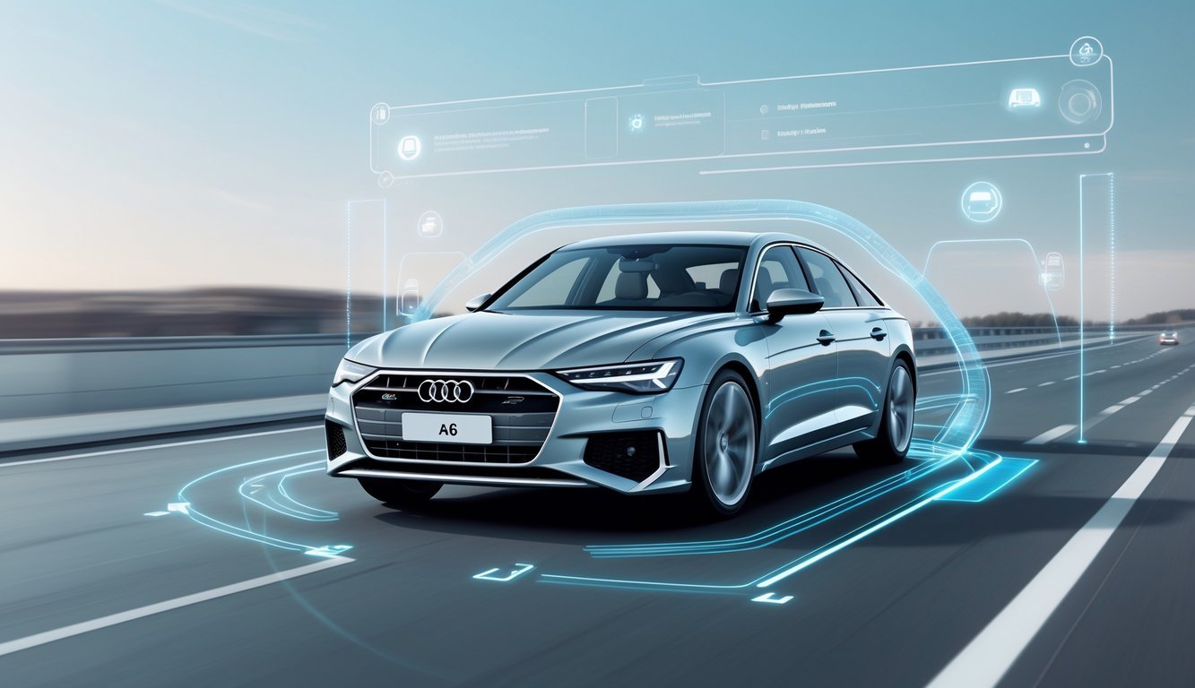 Audi A6 na cesti s prikazom sigurnosnih i pomoćnih sustava vozaču.