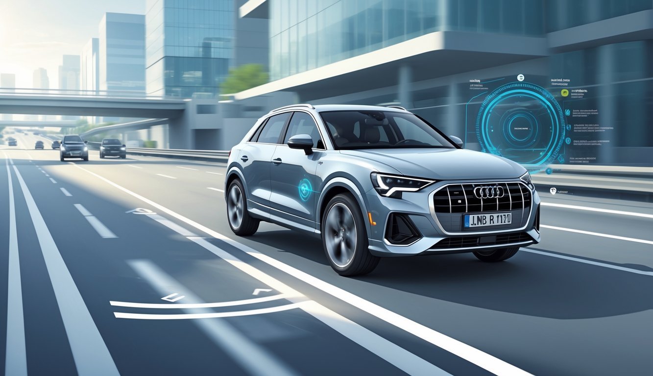 Audi Q3 na cesti s prikazom sigurnosnih i pomoćnih sustava vozaču.