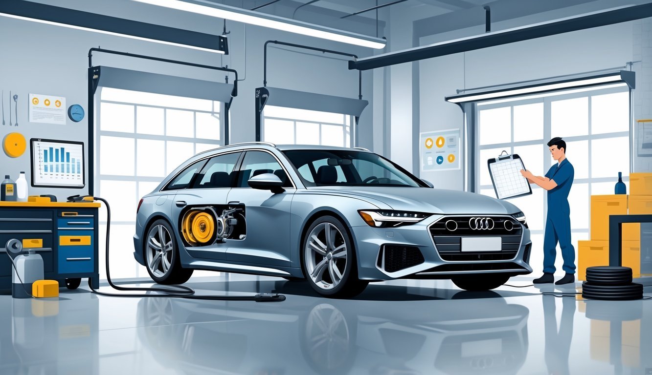 Audi A6 u garaži dok mehaničar pregledava automobil, prikazani su dijelovi automobila i alati za servis.