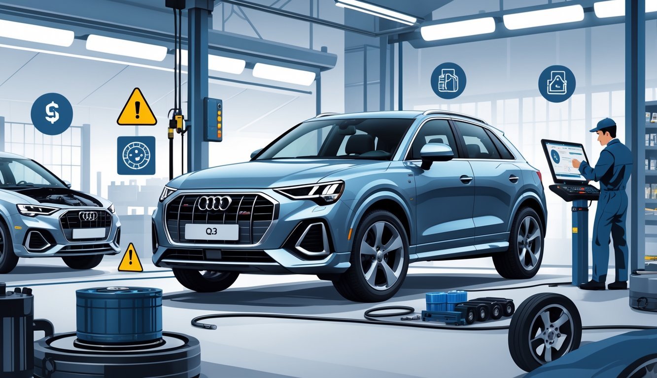 Audi Q3 u radionici s mehaničarom koji pregledava automobil i simbolima tipičnih kvarova i servisa.