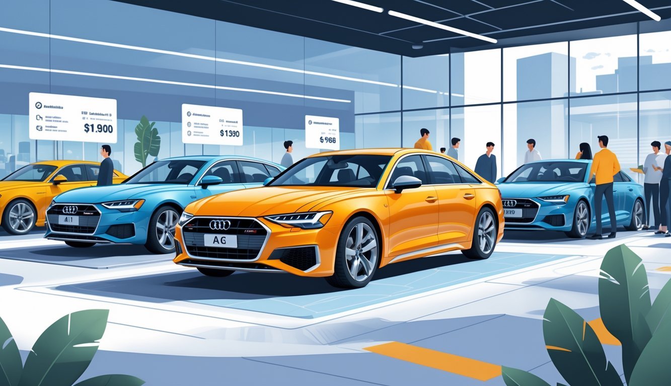 Audi A6 automobili izloženi u salonu s ljudima koji ih pregledavaju i razgovaraju o njima.