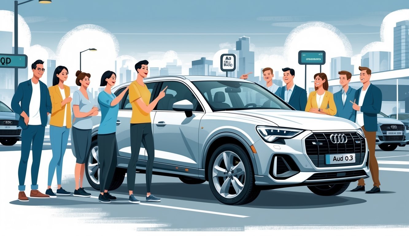 Audi Q3 parkiran u urbanom okruženju s grupom ljudi oko vozila koji razgovaraju i izražavaju različite emocije.