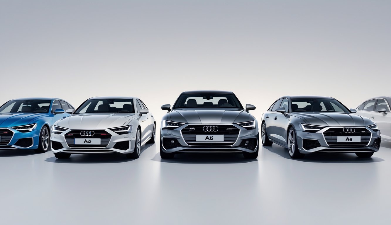 Prikaz nekoliko modernih limuzina postavljenih usporedno, s Audi A6 u sredini i drugim konkurentskim modelima oko njega.