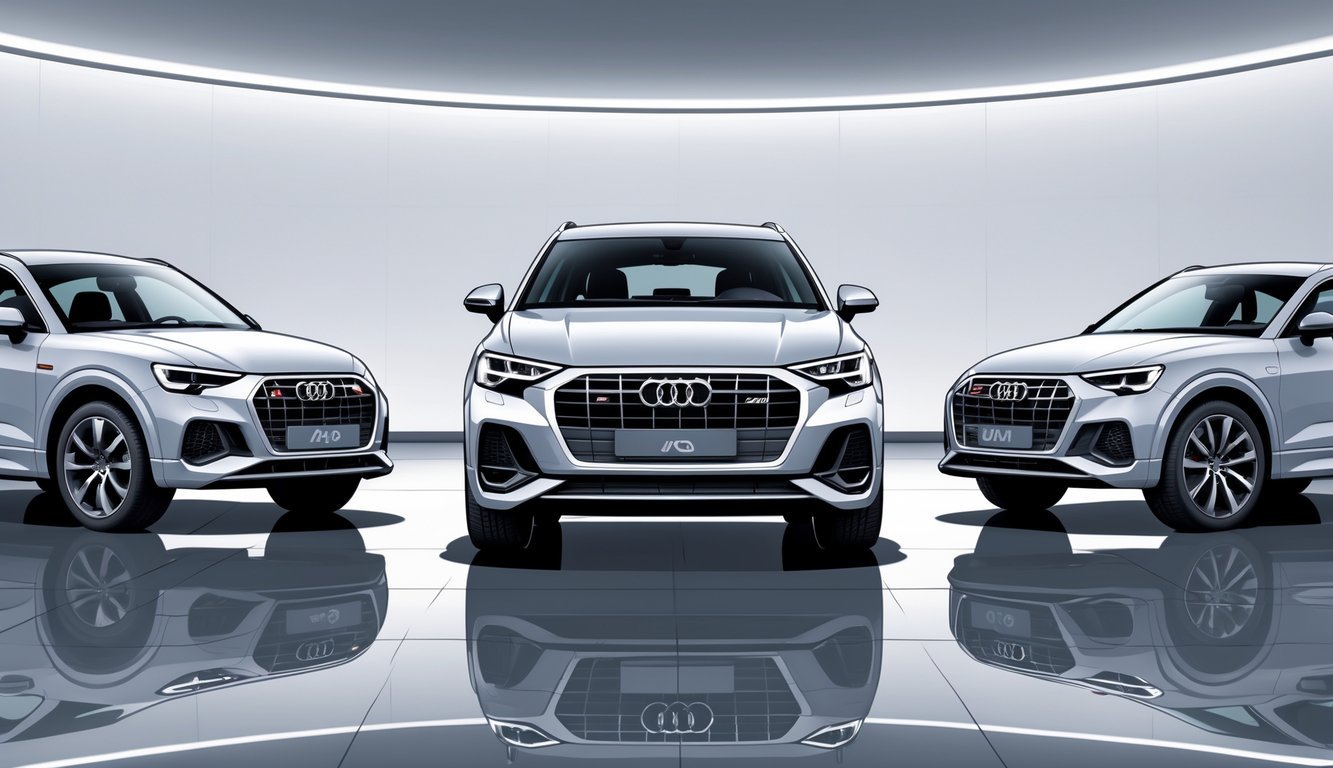 Prikaz tri kompaktna luksuzna SUV vozila postavljena jedno pored drugog u suvremenom izložbenom prostoru.