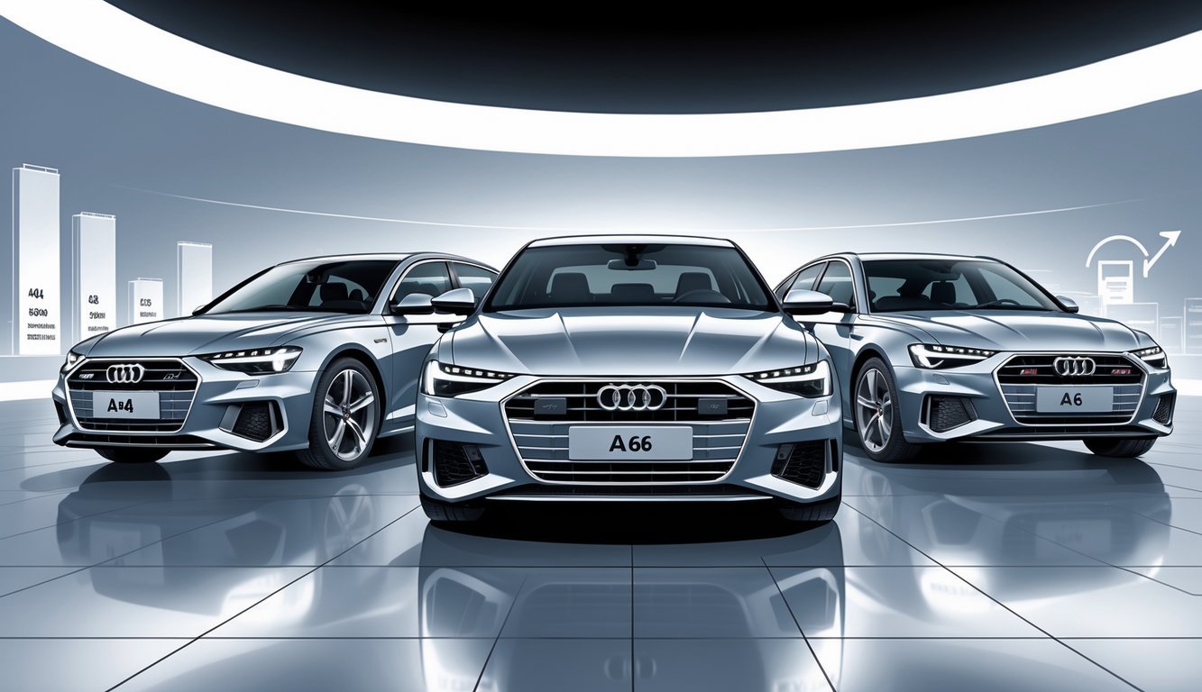 Tri luksuzna automobila postavljena jedan do drugog u suvremenom izložbenom prostoru, s Audi A6 3.0 TDI Quattro u sredini.