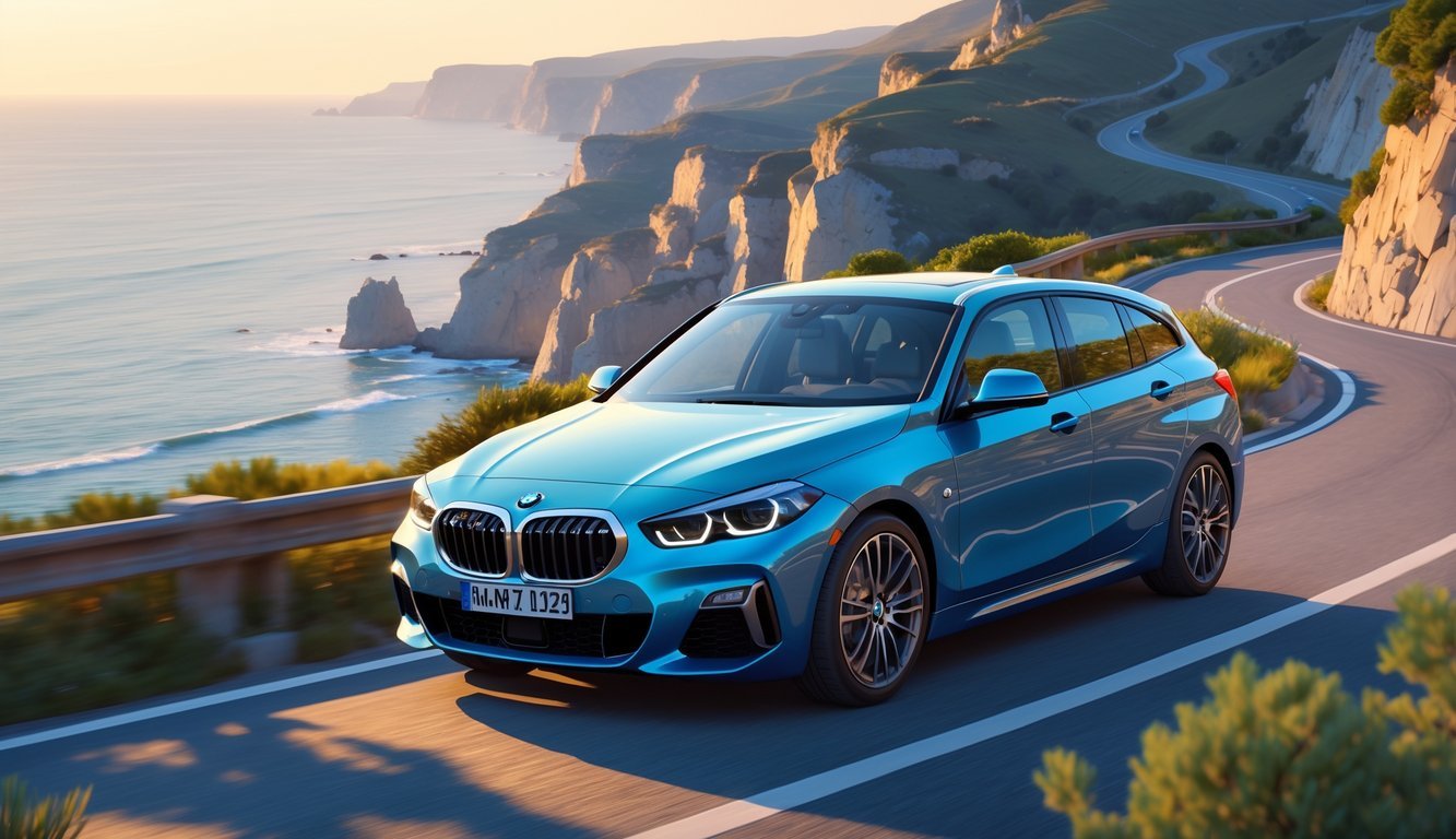 BMW 118d automobil na obalnoj cesti uz more, okružen zelenilom i stijenama, pod toplim suncem.