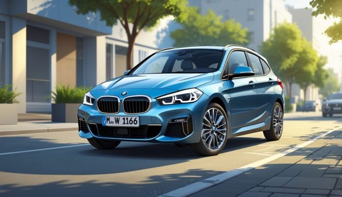 BMW 116i parkiran na gradskoj ulici s modernim zgradama u pozadini.