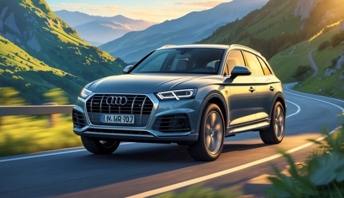 Audi Q5 vozi cestom kroz planinski krajolik tijekom zalaska sunca.