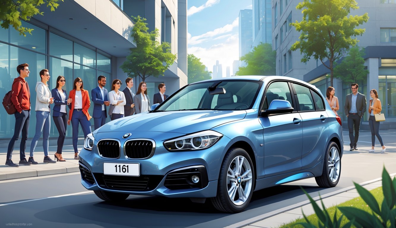 BMW 116i automobil parkiran na gradskoj ulici s ljudima u pozadini.